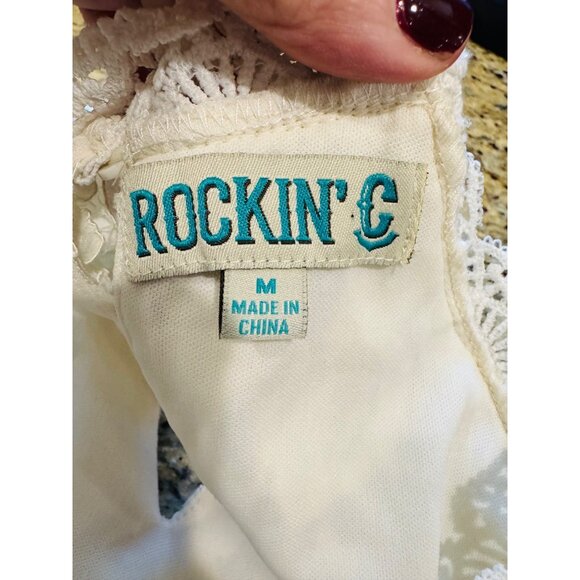 Rockin C  Lace Halter Eyelet Top Ivory Floral Pattern Lined Western Cowgirl Glam - Picture 6 of 10